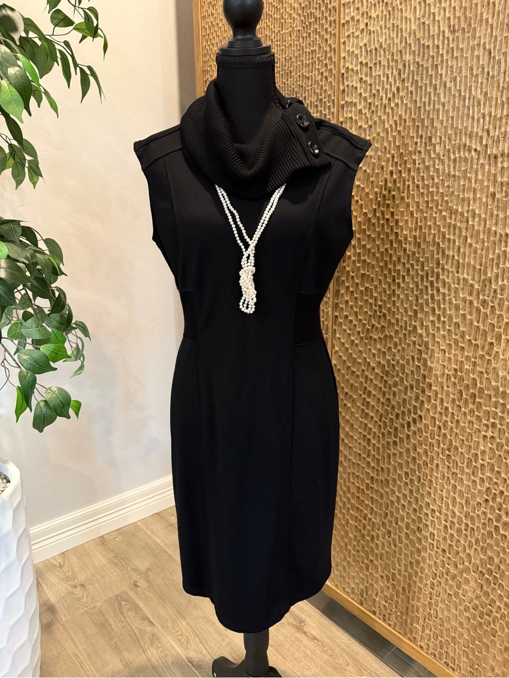 Spense Petite Black Sleeveless Knit Dress with Cowl Neck and Buttons Size 8